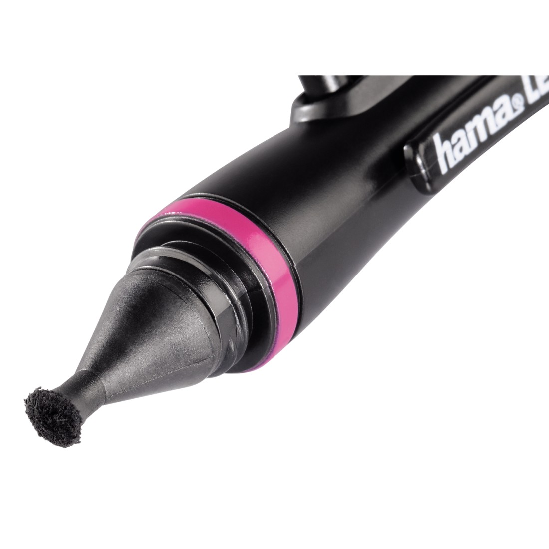 Un nettoyeur d'objectif noir avec un anneau rose et une pointe de nettoyage, sur fond blanc.