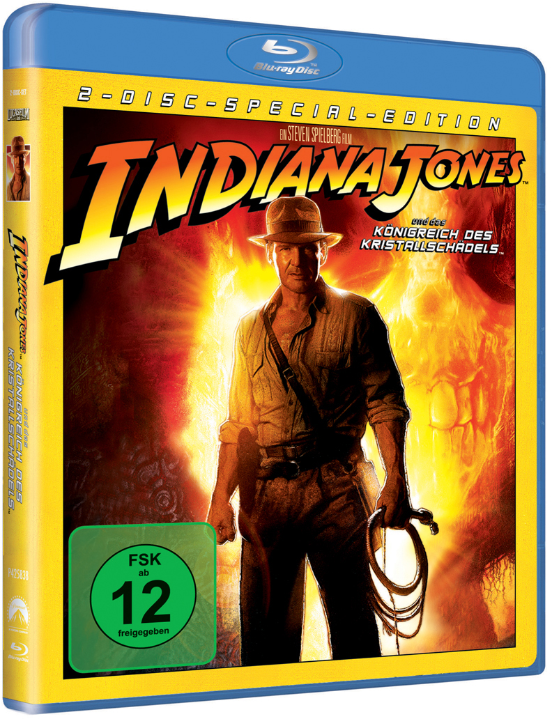 Indiana Jones Filmcover. Harrison Ford mit Hut und Peitsche vor gelbem Hintergrund.