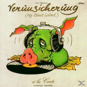 Schwein mit Kopfhörern und Schallplatte. Titel ist Verwirrsicherung, a la Carte.
