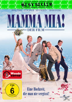 DVD-Cover mit Hochzeitsszene, Paar und einer Gruppe von Leuten am Strand. Text: Mamma Mia!