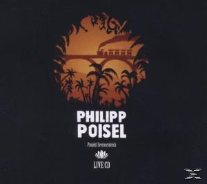 Silhouette eines Zuges auf einer Brücke, Palmen und der Text 'Philipp Poisel Live CD' auf dunklem Hintergrund.