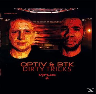 Albumcover mit zwei Männergesichtern. Text: Optiv & BTK, Dirty Tricks, Virus.