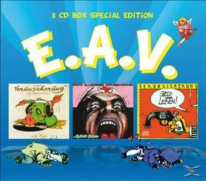 Albumcover mit Zeichentrickfiguren. Drei Albumcover im Hintergrund. Titel: E.A.V.