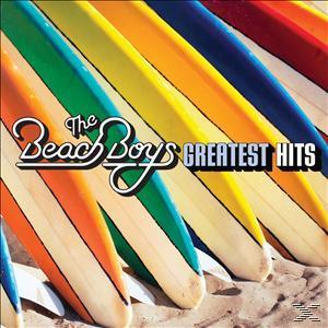 Albumcover: Mehrere bunte Surfbretter auf dem Sand. Text: The Beach Boys, Greatest Hits.