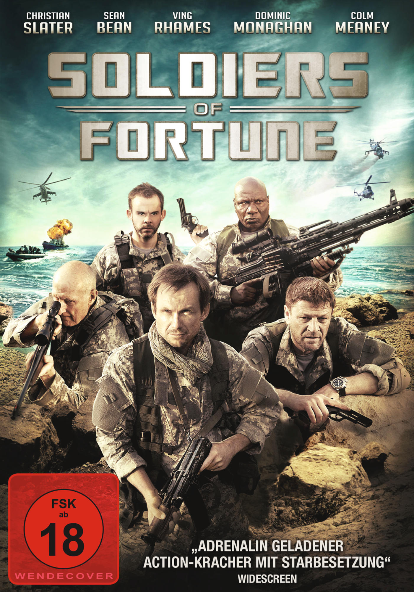 DVD-Cover: Soldaten mit Waffen und Hubschraubern. Titel: Soldiers of Fortune. Actionfilm.