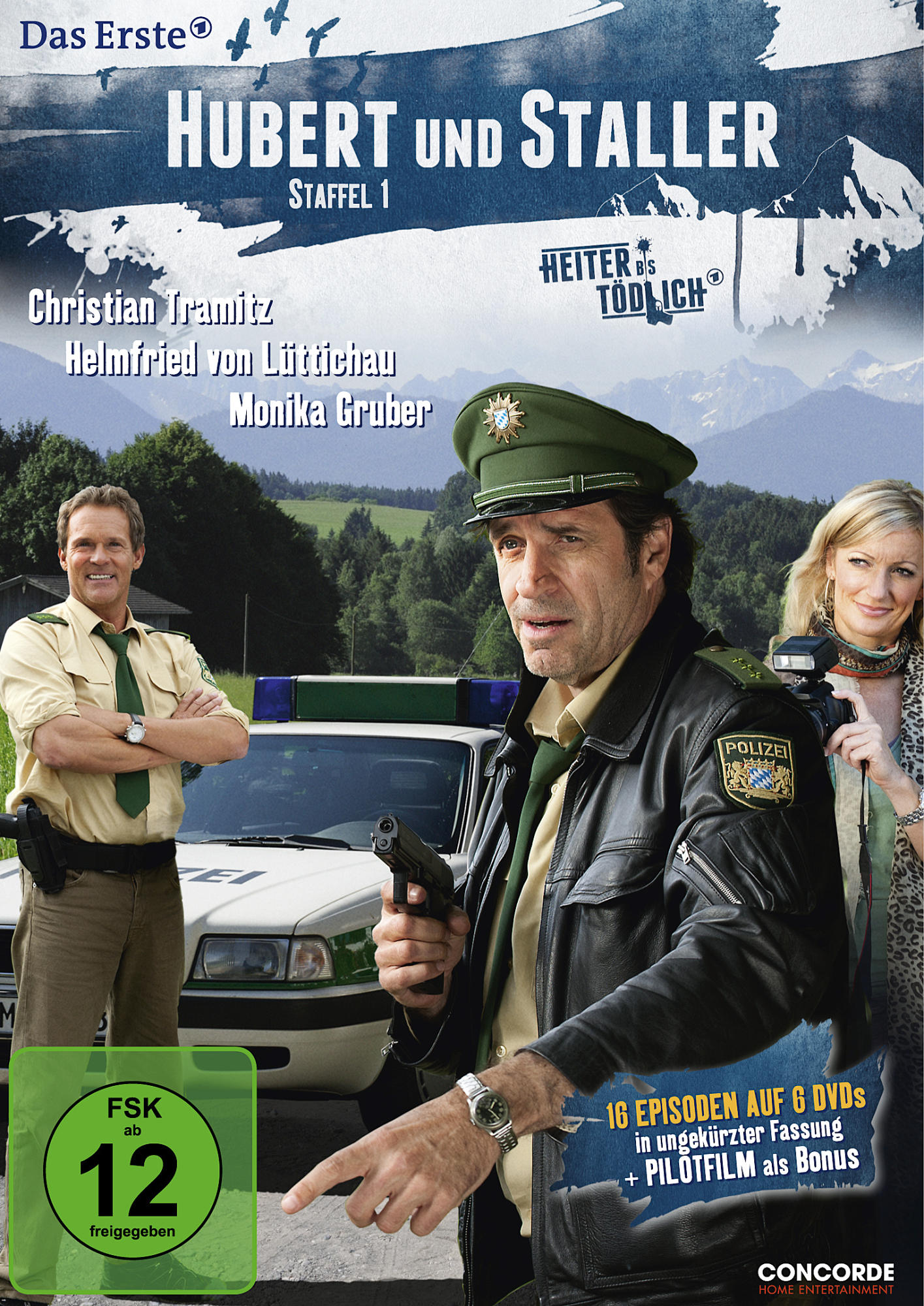 DVD-Cover der Fernsehsendung Hubert und Staller. Drei Schauspieler stehen vor einem Polizeiauto.