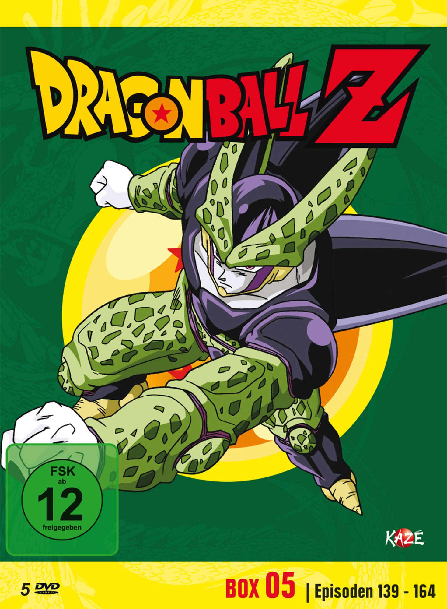 Dragon Ball Z DVD-Cover, Zelle, grüner und lila Charakter, auf grünem und gelbem Hintergrund.