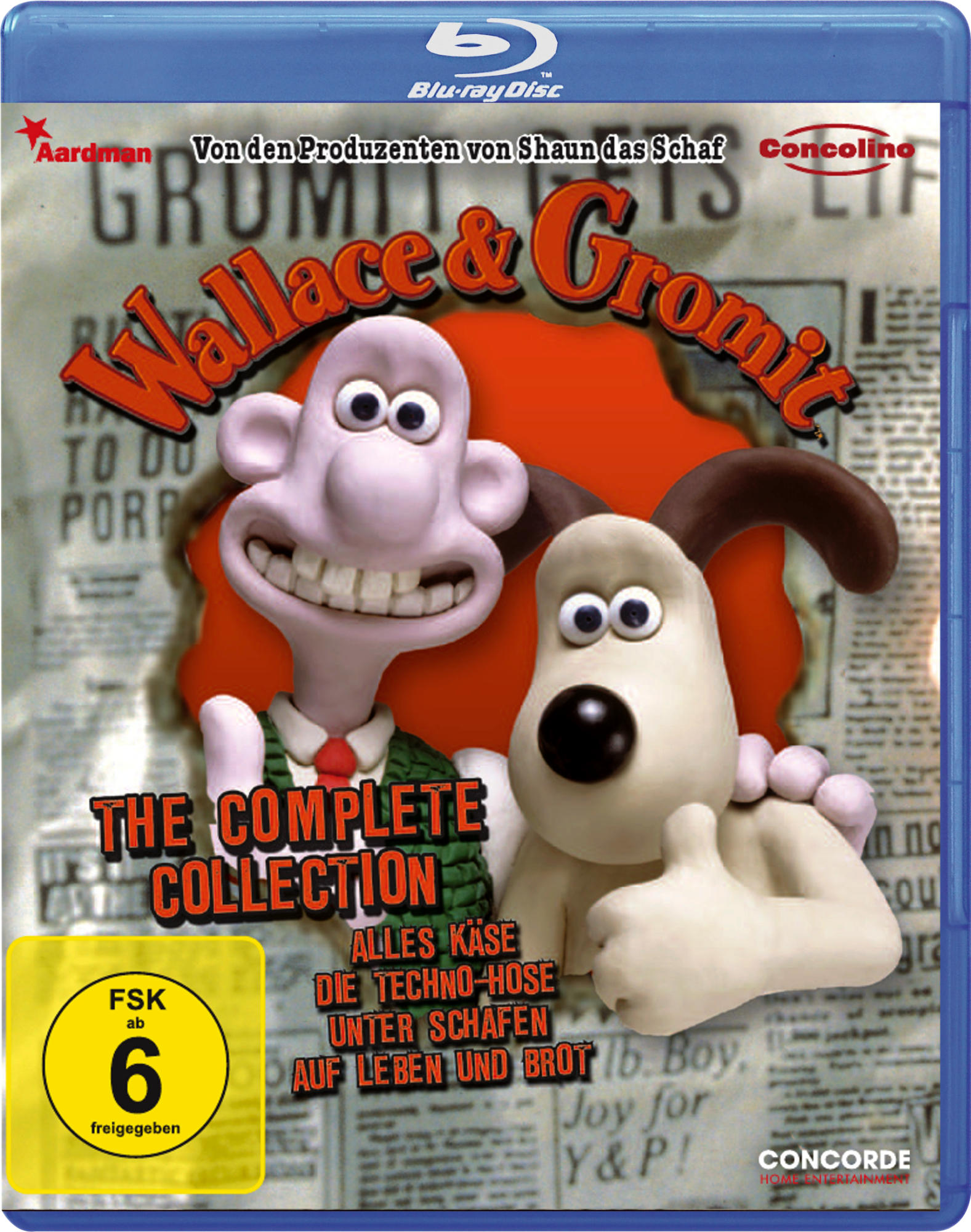Blu-ray-Cover von 'Wallace & Gromit' mit Zeichentrickfiguren. Text: The Complete Collection.