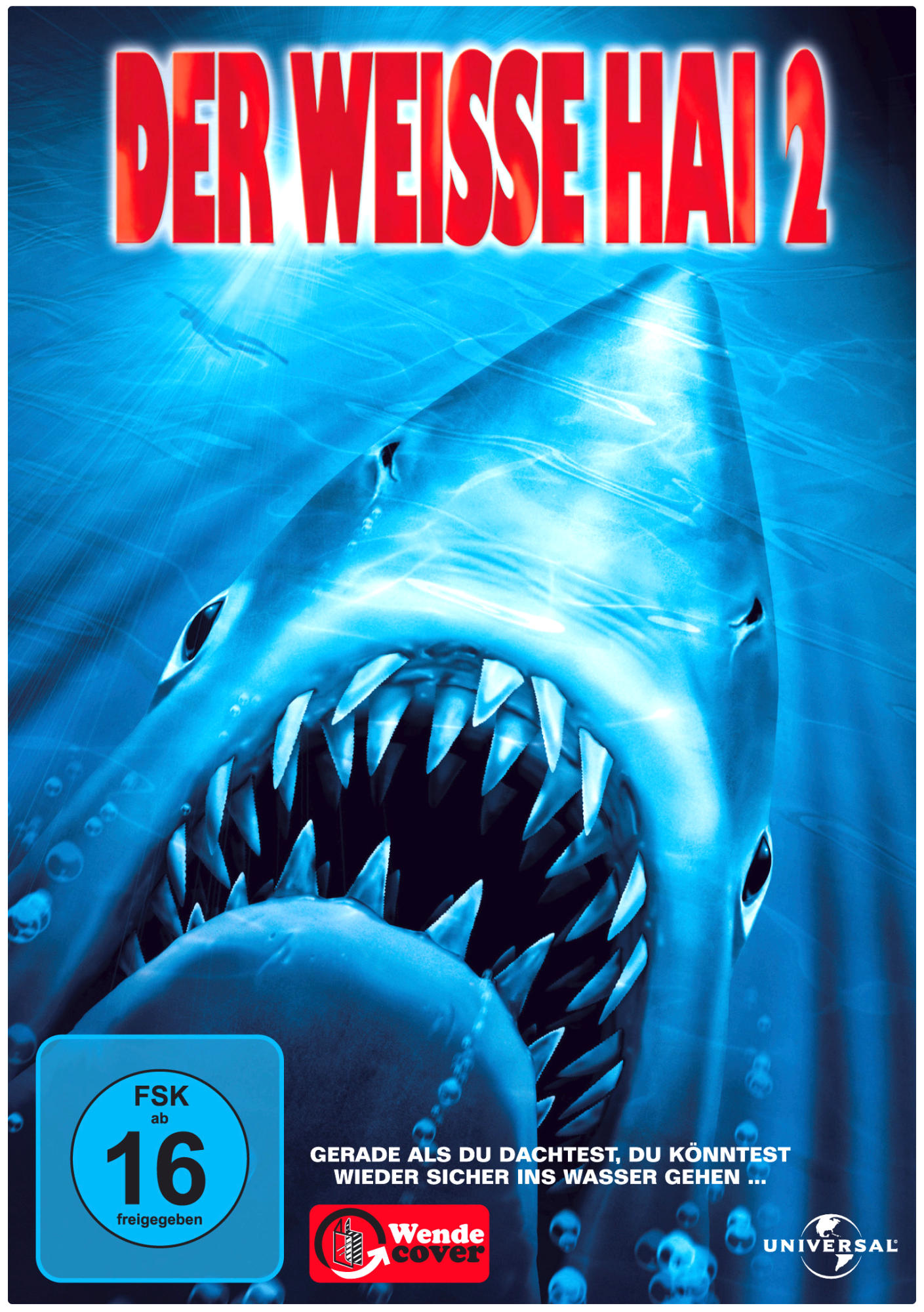 DVD-Cover, Der weiße Hai 2, mit einem bedrohlichen Hai, der aus blauem Wasser aufsteigt. Titel in Rot. FSK 16 Bewertung.