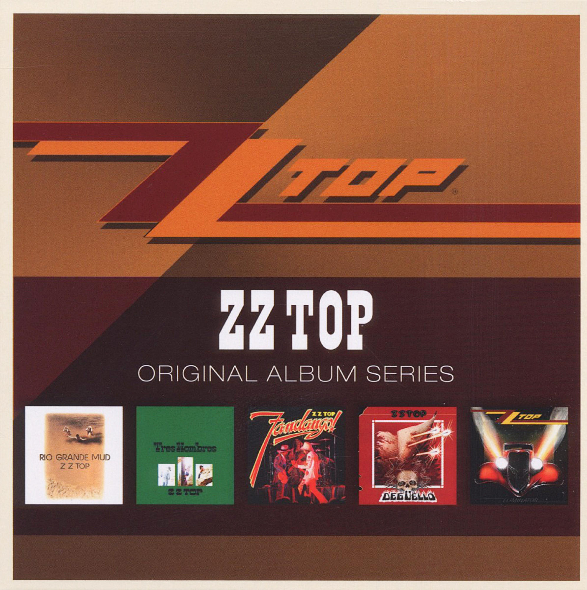 ZZ Top Albumcover. Brauner Hintergrund mit Albumcovern aus ihrer Serie.