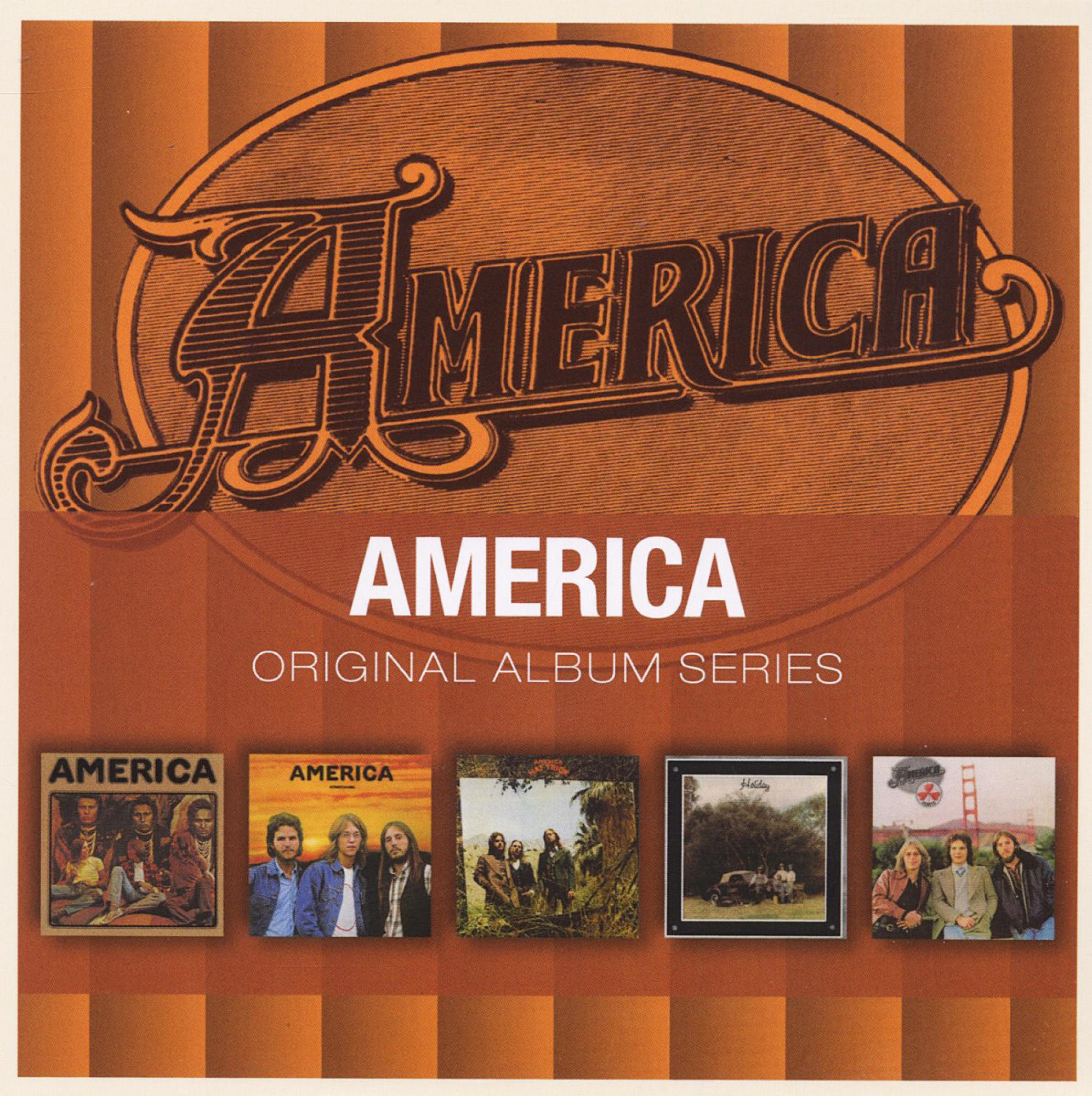 Albumcover für America. Albumreihe mit vier Albumcovern, das America-Logo oben.