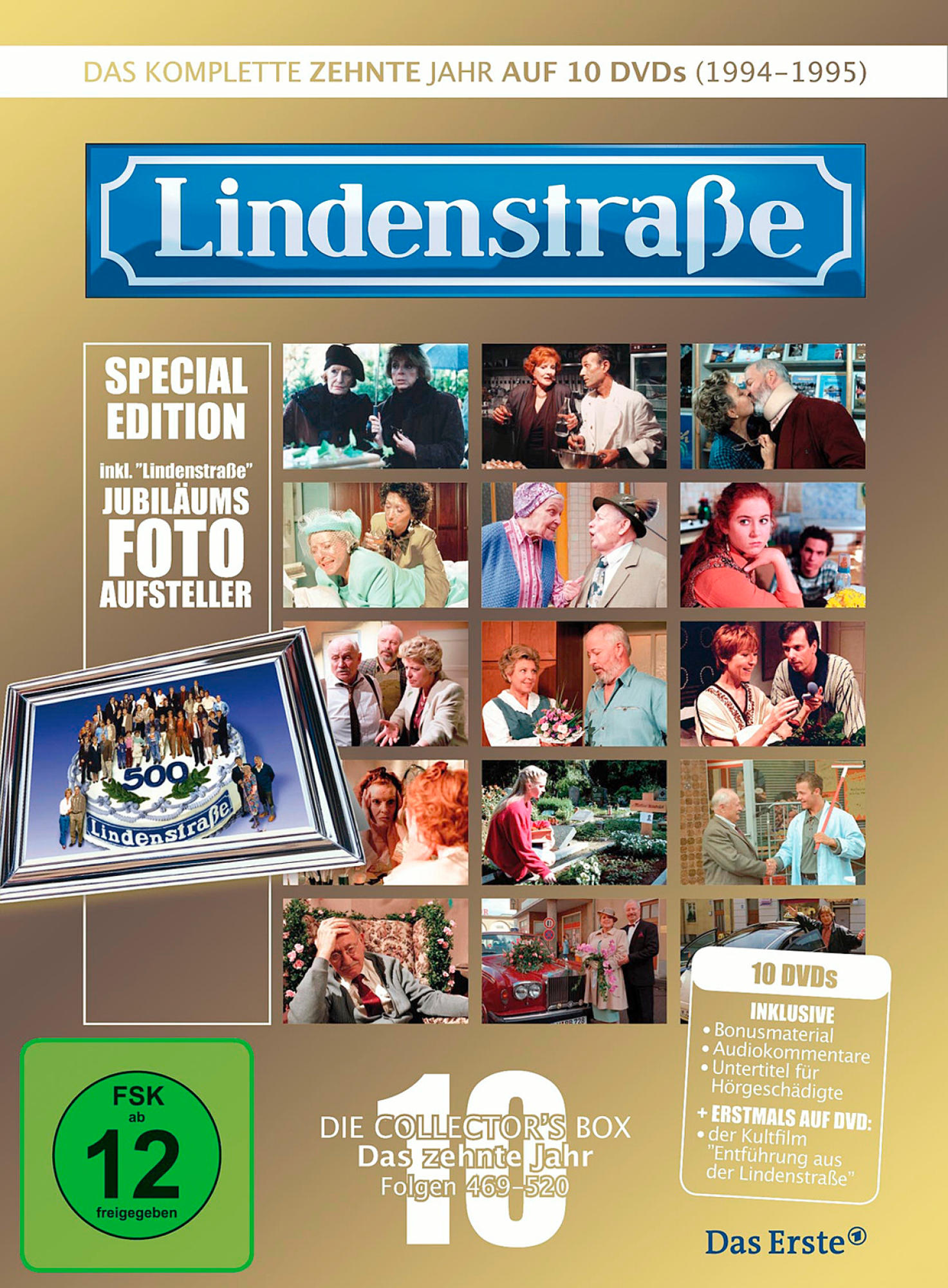 DVD-Cover mit einer Collage von Personen. Der Titel lautet 'Lindenstraße', Das Zehnte Jahr.