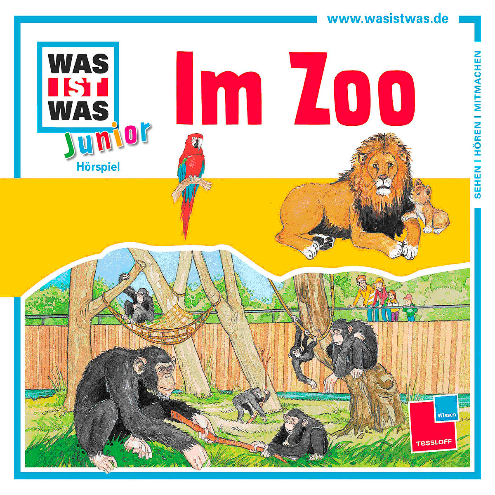 Buchcover mit Zeichentricktieren in einem Zoo. Text auf Deutsch. Enthält einen Papagei, Löwen und Affen.
