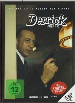 DVD-Cover von 'Derrick'. Ein Mann im Anzug hält eine Waffe, mit Text und einem Show-Logo. Grün-Schwarz-Farbschema.