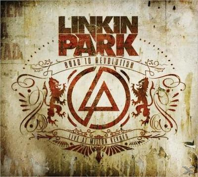 Albumcover. Titel: Linkin Park, Road to Revolution. Kreis mit Dreieck Logo.