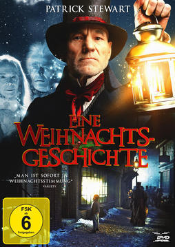 DVD-Cover: Patrick Stewart in einer Winterszene. Titel: Eine Weihnachtsgeschichte, Text auf Deutsch.