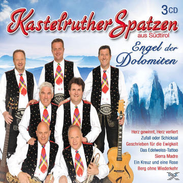 Albumcover: Männergruppe, Text 'Kastelruther Spatzen'. Berge im Hintergrund, Noten.