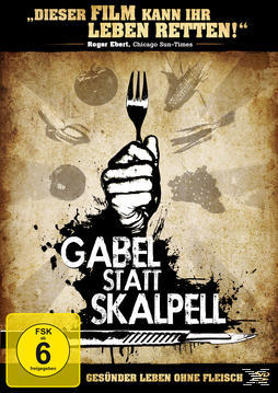 Gabel statt Skalpell DVD-Cover. Hand hält eine Gabel über Lebensmittel-Illustrationen.