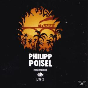 Silhouette eines Zuges auf einer Brücke bei Sonnenuntergang, Palmen und der Name 'Philipp Poisel' auf dunklem Hintergrund.