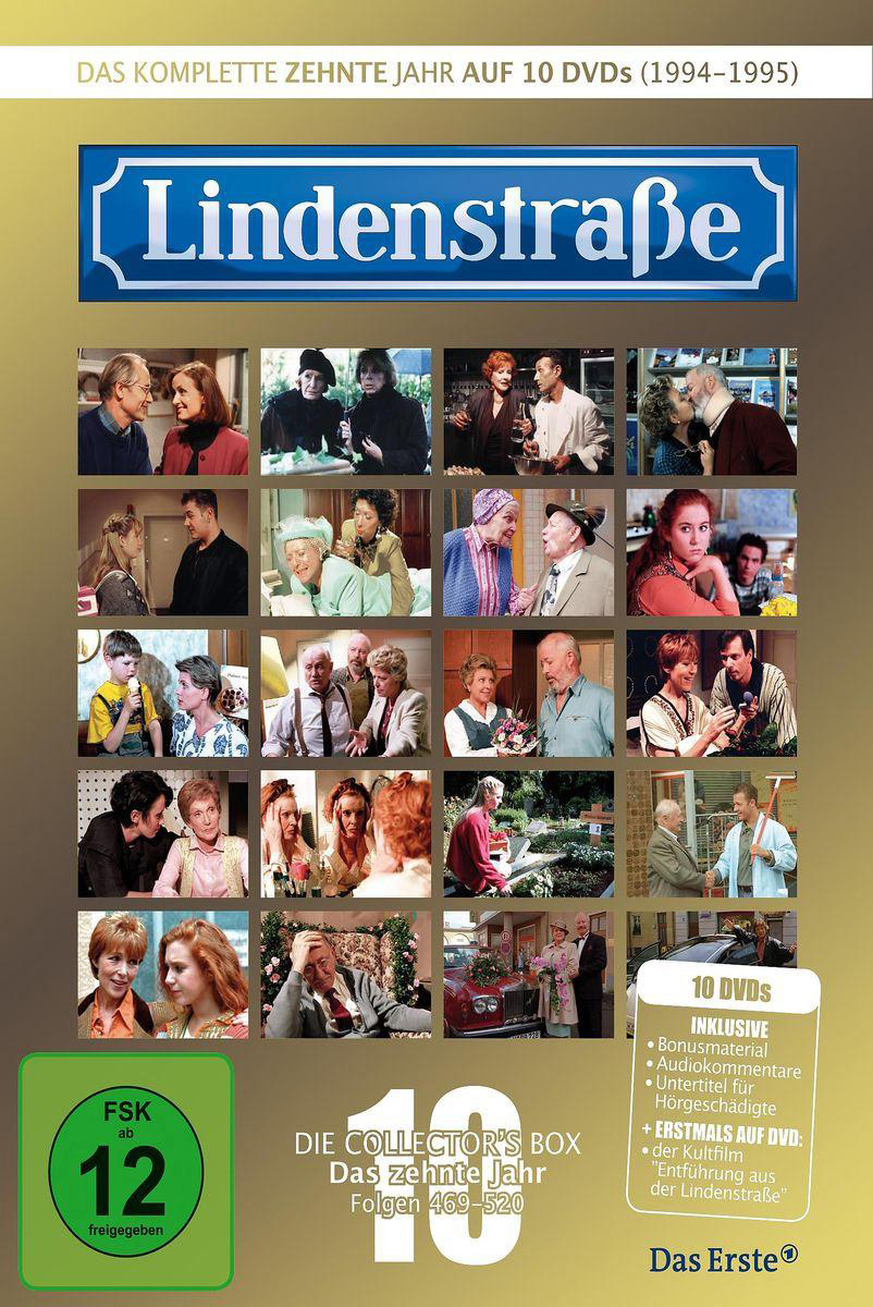 DVD-Box-Set von 'Lindenstraße', Collage von Charakteren auf blauem Straßenschildhintergrund.