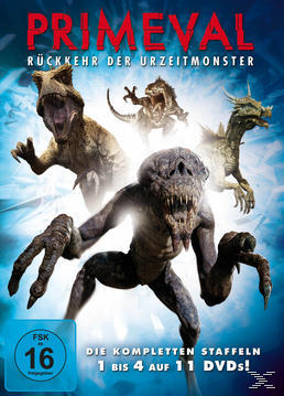 DVD-Cover für den Film Primeval. Zeigt mehrere Monster. Text sagt 'Primeval' und 'Rückkehr der Urzeitmonster'.