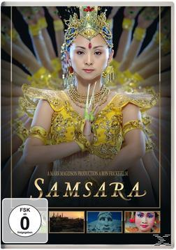 DVD-Cover für Samsara. Eine Frau in Goldschmuck und Kleidung steht im Zentrum. Mehrere Arme sichtbar.