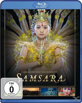 Samsara-Filmcover, Frau mit mehreren Armen, goldener Kleidung, blauem Hintergrund.