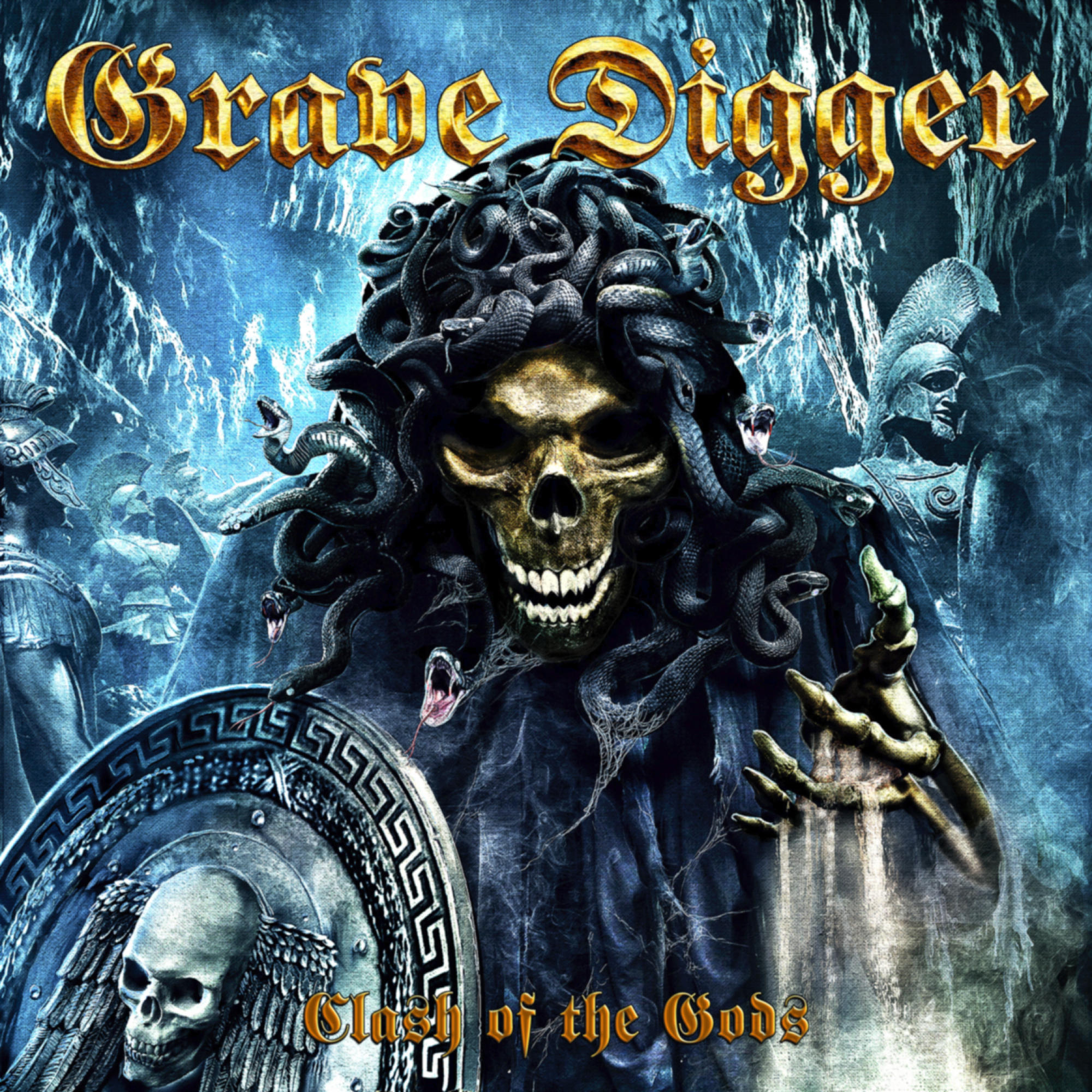 Albumcover 'Grave Digger - Clash of the Gods', ein Schädel mit Schlangen und ein Krieger.