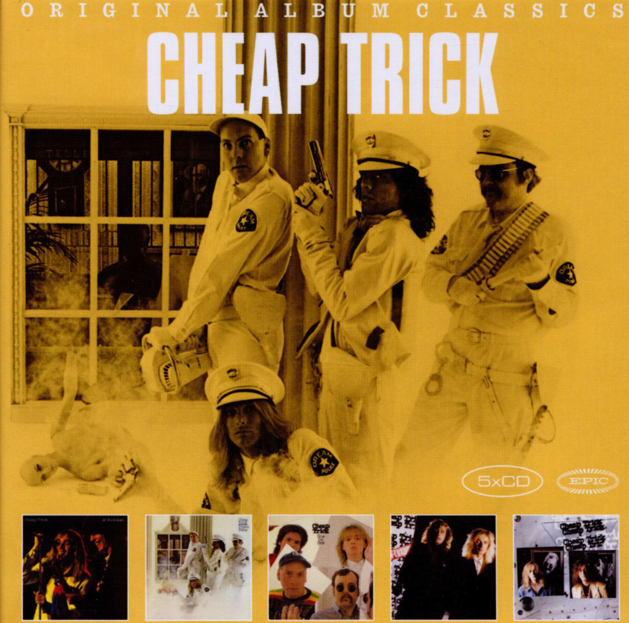 Albumcover: Cheap Trick, mit Bandmitgliedern in Polizeiuniformen. Zusätzliche kleine Albumcover.