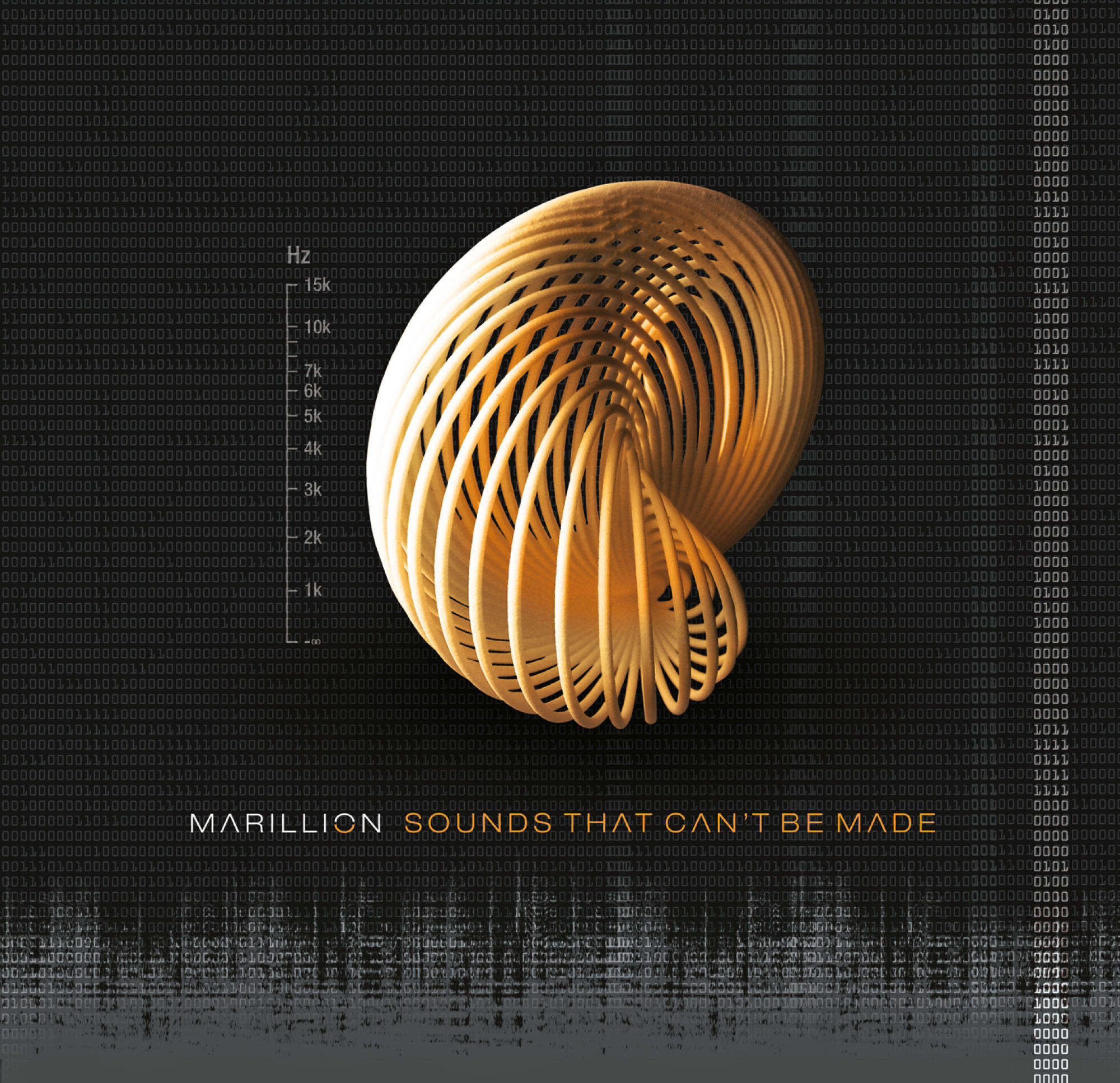 Albumcover. Geometrische, goldene Spirale auf schwarzem Hintergrund mit Binärcode und Schallwelleninfo.