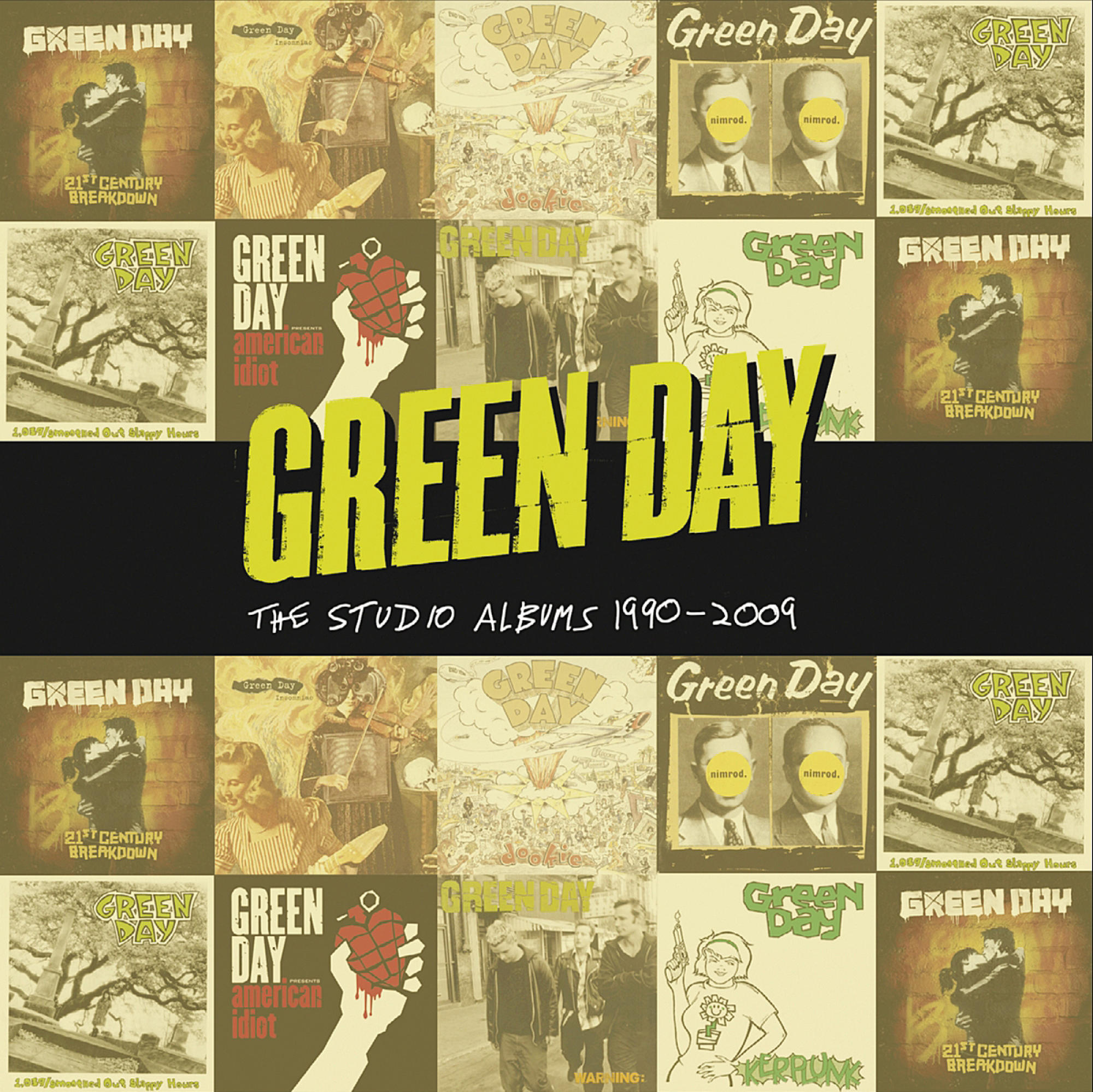 Albumcover von Green Days Studioalben 1990-2009, verschiedene Albumcover werden angezeigt.