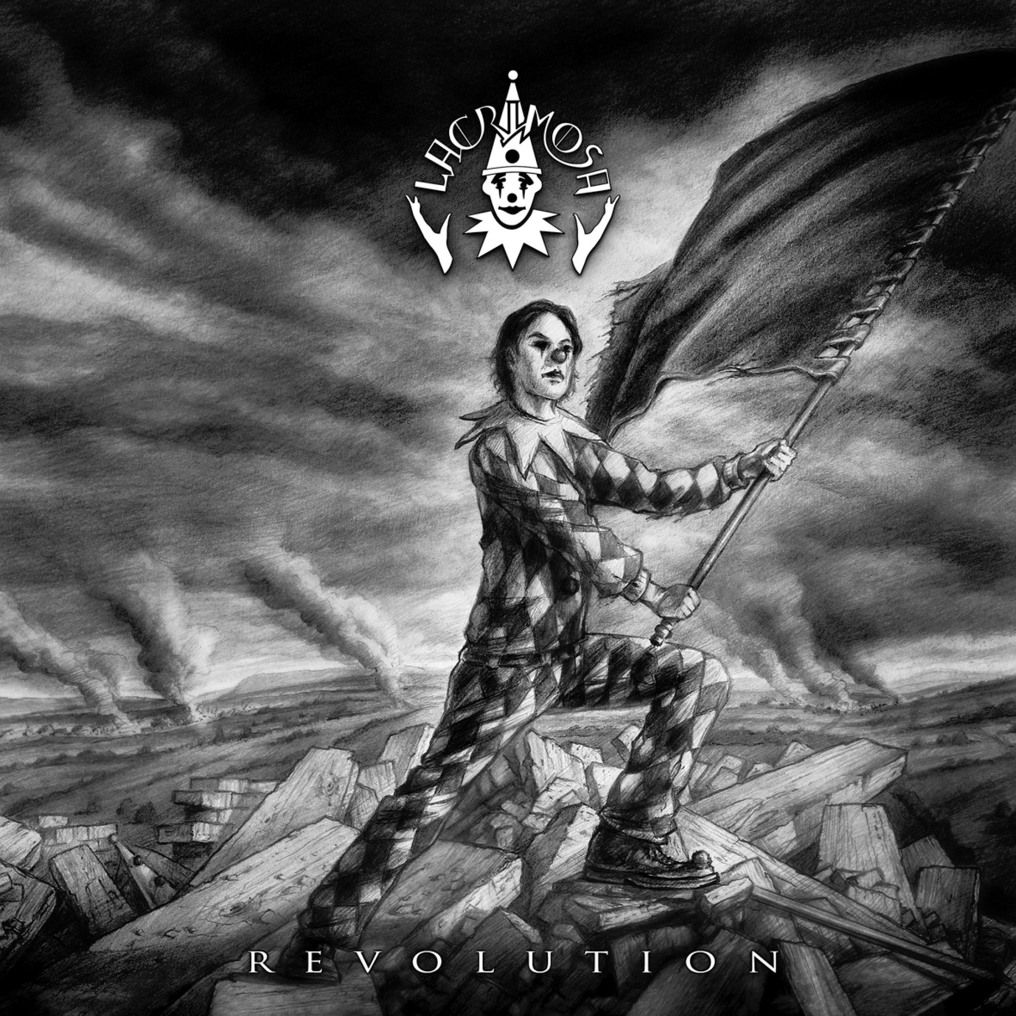 Albumcover: Lacrimosa, Clown mit Fahne. Titel: Revolution. Schwarz-Weiß-Kunstwerk.