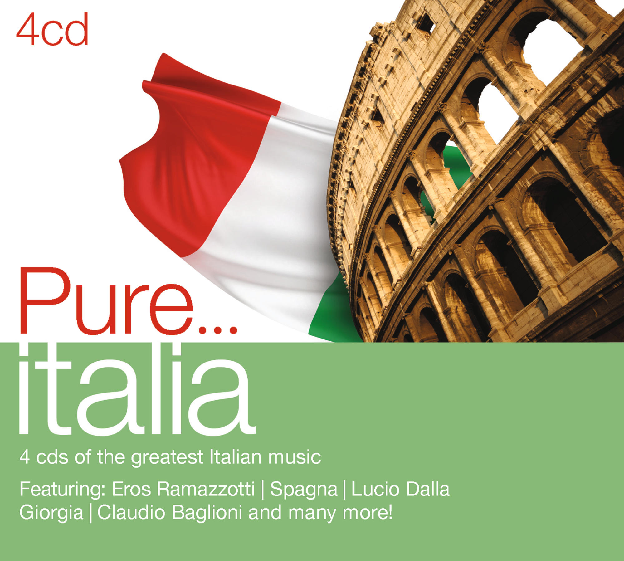Albumcover mit italienischer Flagge, Kolosseum und Text. Der Titel lautet 'Pure... Italia' mit grünem Hintergrund.