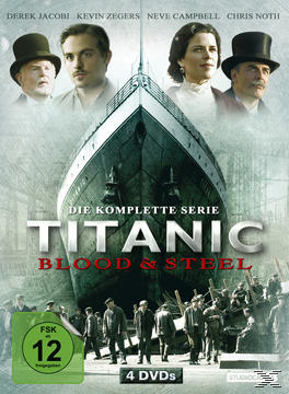 DVD-Cover von Titanic: Blood & Steel. Schauspieler, ein Schiff und eine Hafenszene.