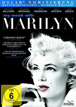 DVD-Cover: Marilyn Monroe-Porträt, blondes Haar, blaue Augen. Text: 'My Week with Marilyn' und Namen der Schauspieler.