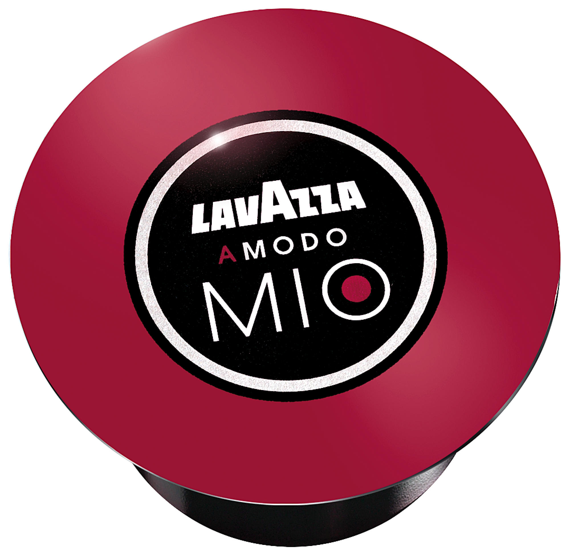 Coffee capsule with red top and black base. Text on top: LAVAZZA A MODO MIO.