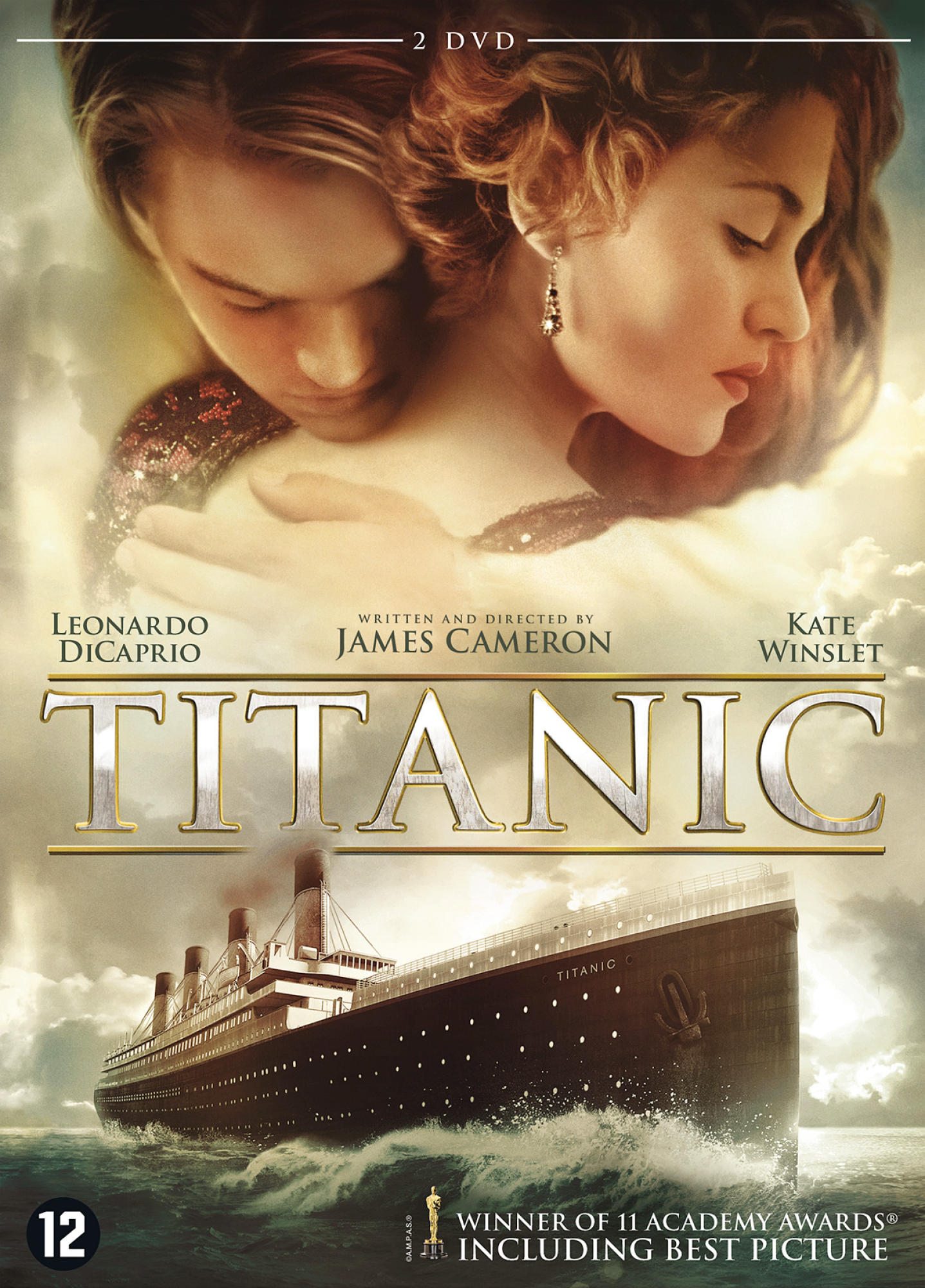 DVD-hoes. Leonardo DiCaprio en Kate Winslet. Titel: Titanic. Schip in oceaan.