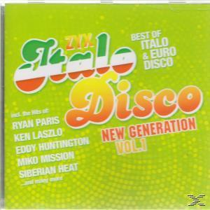 CD-Cover mit grünem Hintergrund und Text "Italo Disco" mit Künstlernamen.