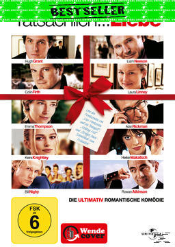 DVD-Cover des Films. Enthält mehrere Gesichter, die durch ein rotes Band verbunden sind. Der Text enthält "Bestseller" und "Tatsächlich... Liebe".