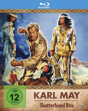 DVD-Cover. Ein Mann und zwei Personen in indianischer Kleidung. Titel: 'Karl May' und 'Shatterhand Box'.