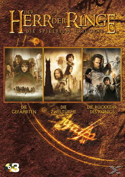 DVD-Cover für "Der Herr der Ringe"-Trilogie, mit Filmszenen und Text auf Deutsch.