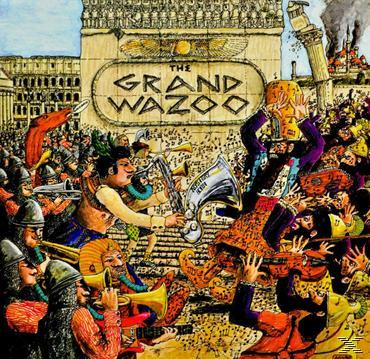 Albumcover von The Grand Wazoo. Eine Zeichentrickszene mit Musikern. Ein großes Gebäude im Hintergrund.