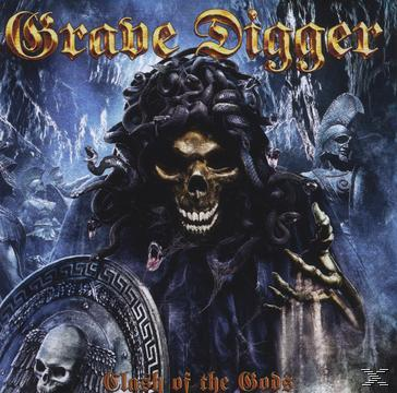 Albumcover für Grave Digger, 'Clash of the Gods', mit Schädel und Medusa.