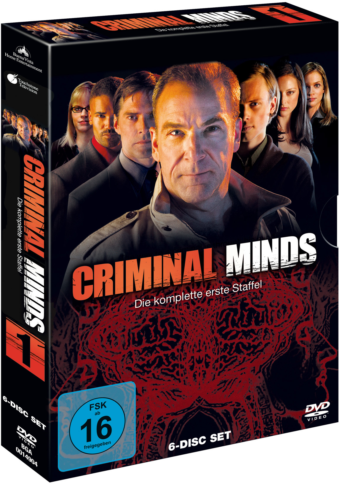 DVD-Cover: Criminal Minds. Gruppe von Agenten, ein Mann im Vordergrund. 6-Disc-Set.