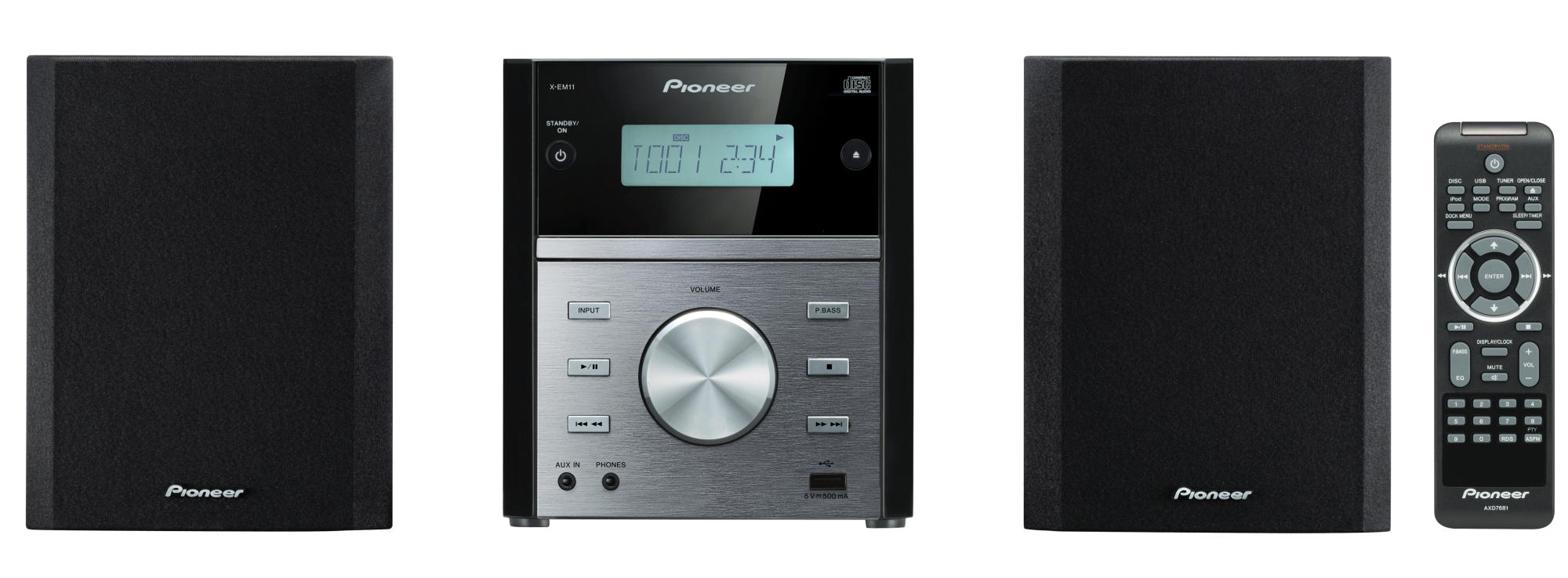 Sistema estéreo Pioneer con altavoces, reproductor de CD y mando a distancia, negro.