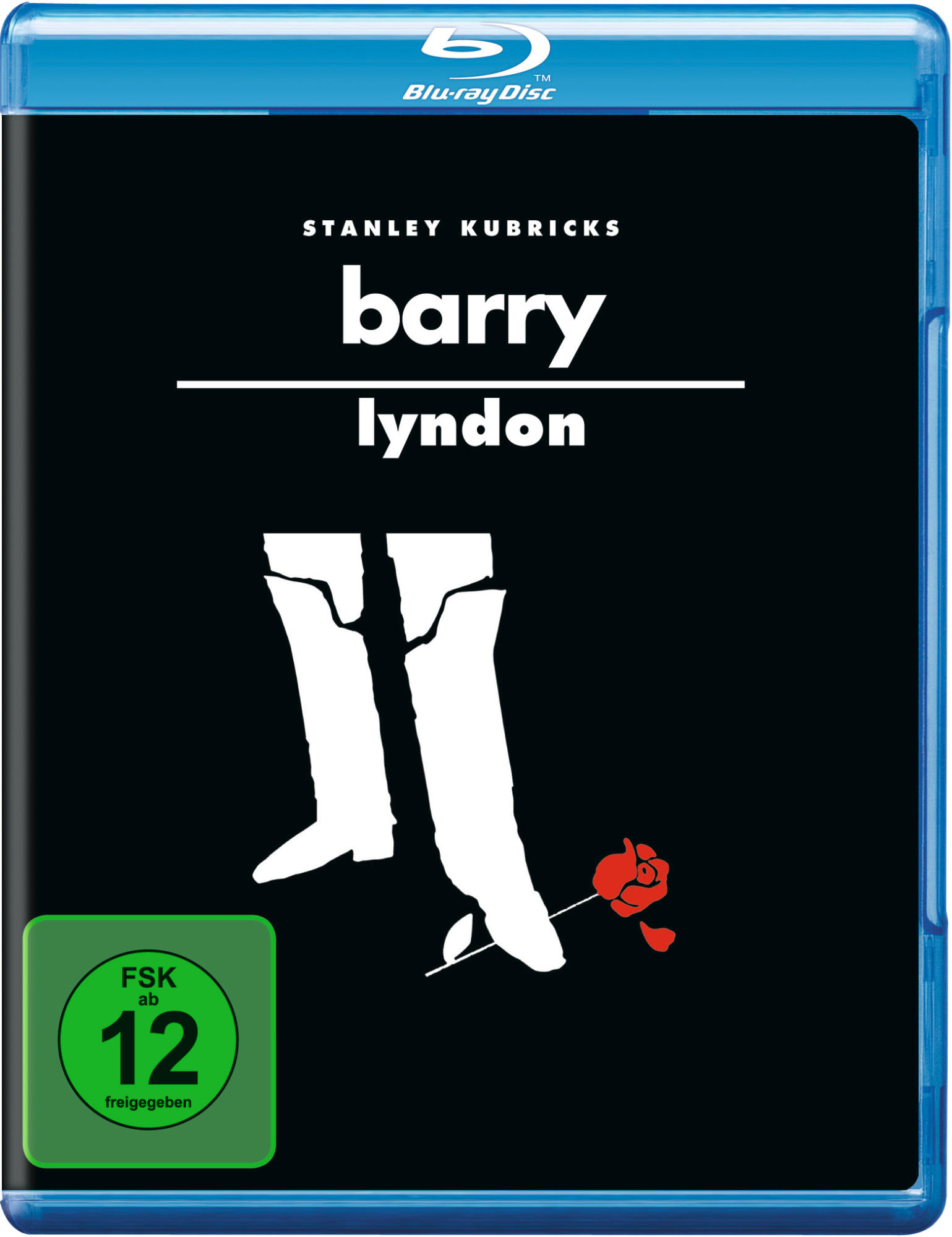 Barry Lyndon Blu-ray-Cover. Schwarzer Hintergrund mit Beinen und einer roten Rose.