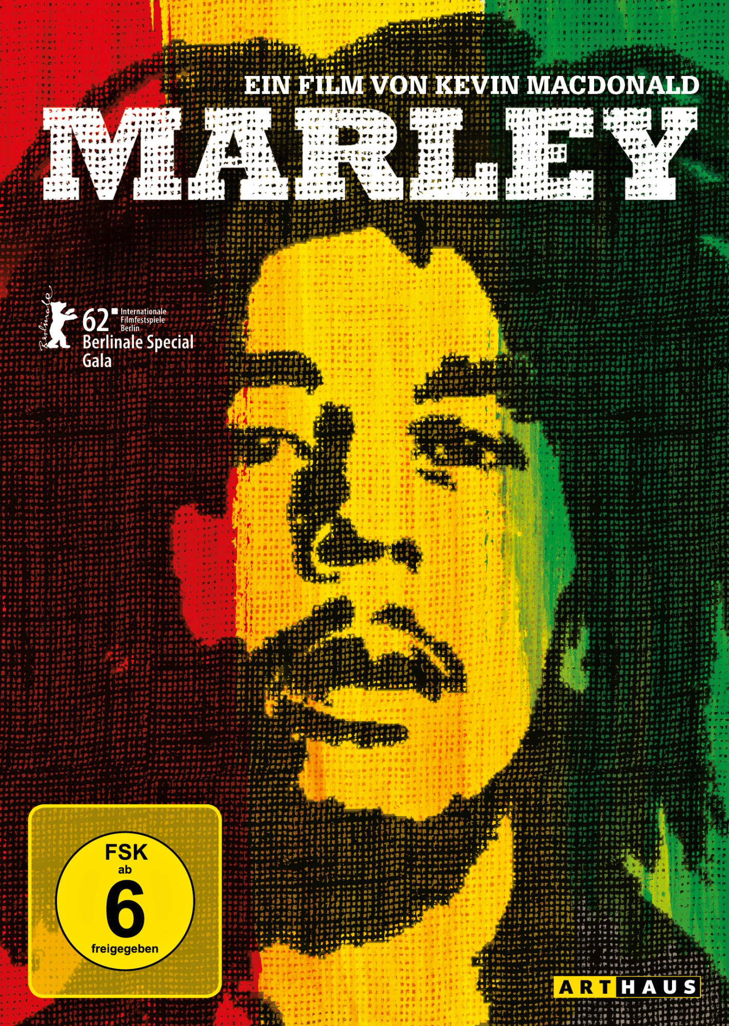 Marley-Filmplakat. Porträt von Bob Marley in Gelb, Grün und Rot.