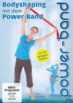 Frau trainiert mit rotem Power-Band, Text: Bodyshaping, Power-Band.