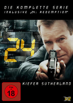 DVD-Cover der Serie 24 mit Kiefer Sutherland in dunkler Umgebung.