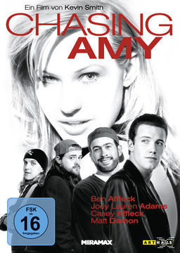 DVD-Cover mit dem Gesicht einer Frau und mehreren Männern, Titel 'Chasing Amy'. Der Titel und die Namen der Schauspieler sind sichtbar.